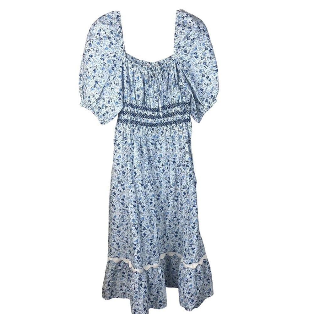 Johnny Was Camille Midi Dress Cottagecore Cotton Floral Blue White Medium